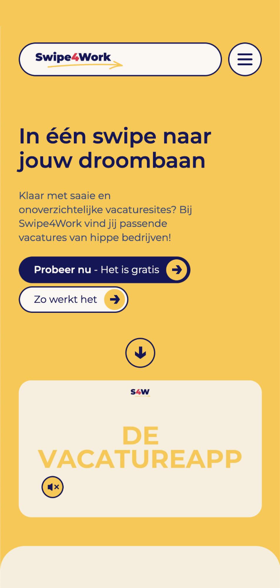 Landingspagina mobiel ontwerp Swipe4Work