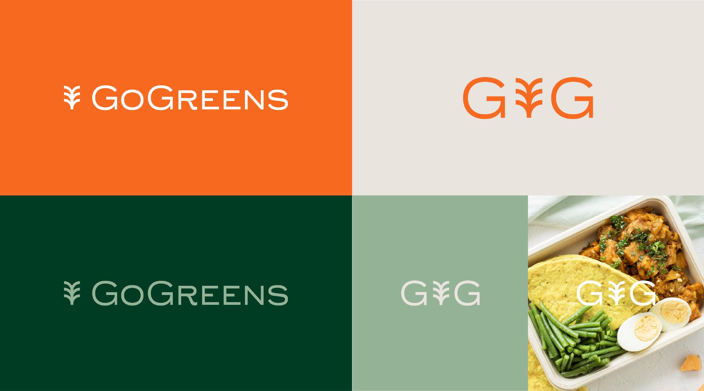 GoGreens vega en vegan gerechten logo ontwerp variaties binnen de huisstijl